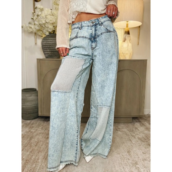 Bar III x Pol Denim - BAR x POL Hot Shot Pant Wide Leg Women 2XL Blue Acid Wash Patchwork Grunge Denim